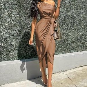 One shoulder satin midi. Size small. High tight slit.